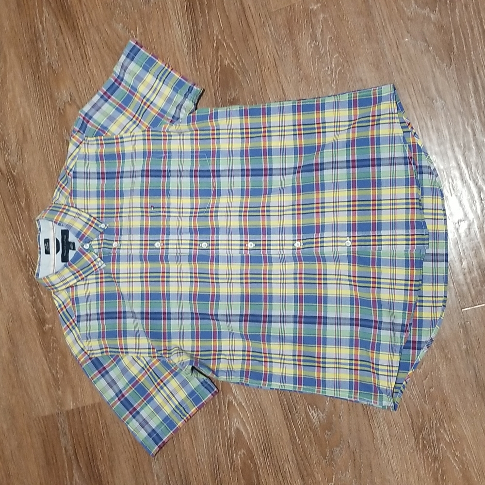 (L) Tommy Hilfiger Men's 100% Cotton Plaid Slim Fit Button Down Shirt Casual